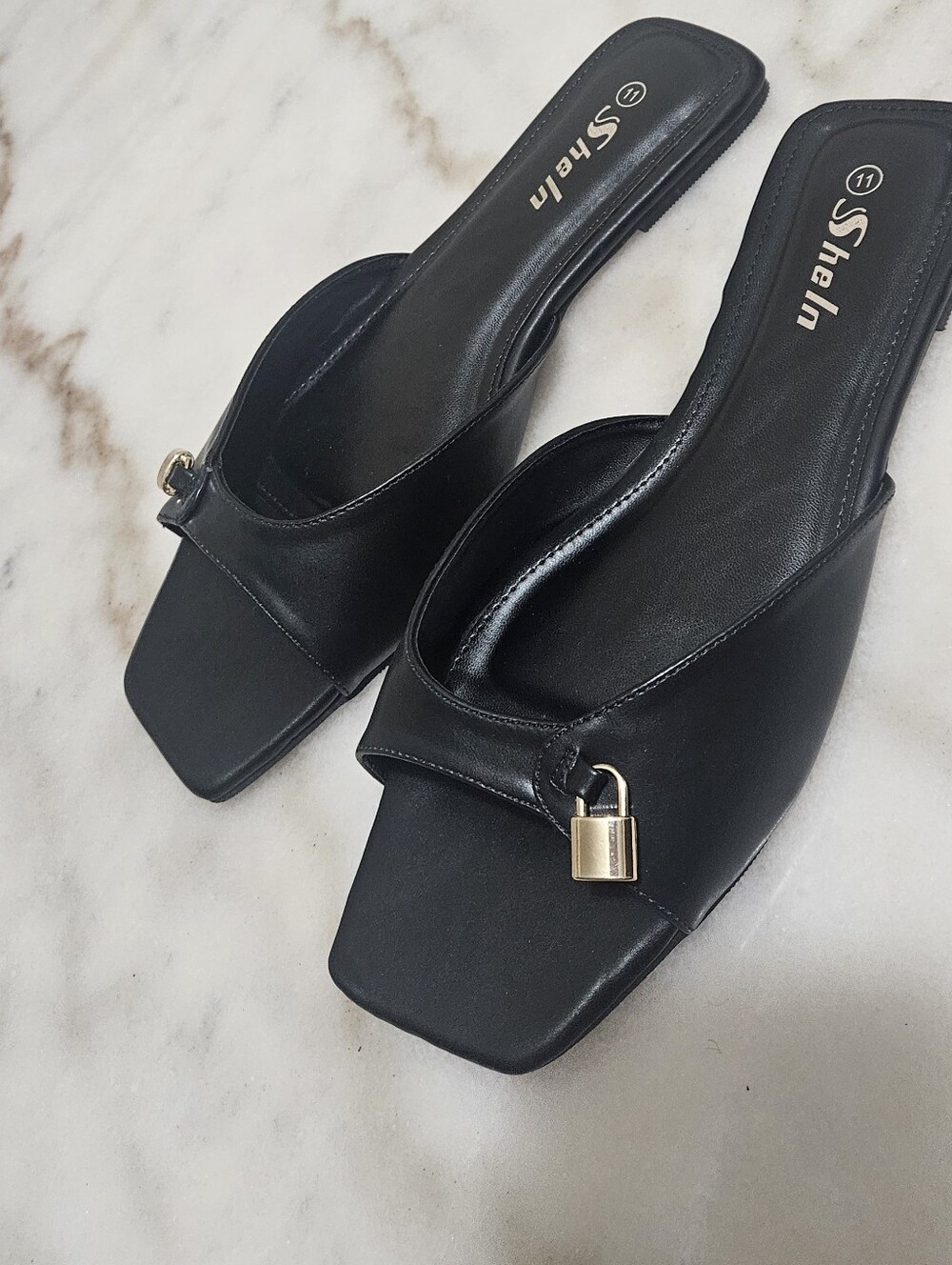 SHEIN Black Slide Mules with Gold Padlock Charm